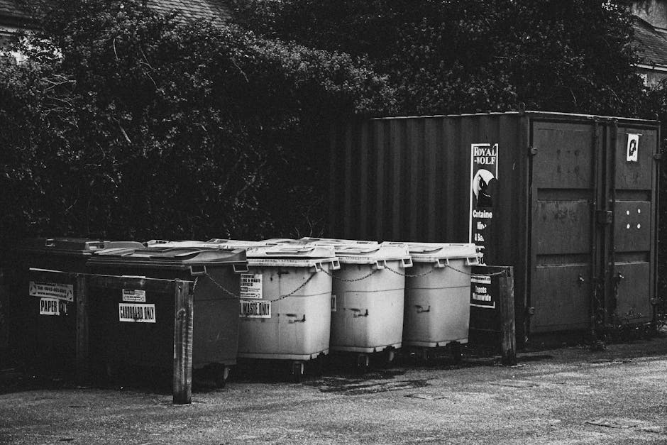 A row of five large waste and recycling bins positioned outdoors on a paved surface, with some labeled for paper waste and others for general waste, placed beside a wooden post and in front of a black shipping container. The bins are made of plastic, with some covered by cardboard lids. Behind the bins, there is dense foliage of trees and bushes. The scene appears to be part of an outdoor waste disposal or recycling area, possibly associated with a property undergoing house removal or moving service, as provided by Man with Van Ruxley. The lighting suggests it is daytime, although the image is in black and white, emphasizing the arrangement of the waste containers in an organized manner for collection or clearance, relevant to logistics involved in packing and moving processes. This setting illustrates a typical waste management step often encountered during home relocations, aligning with the content focused on avoiding bulky waste charges under Bexley Council rules.